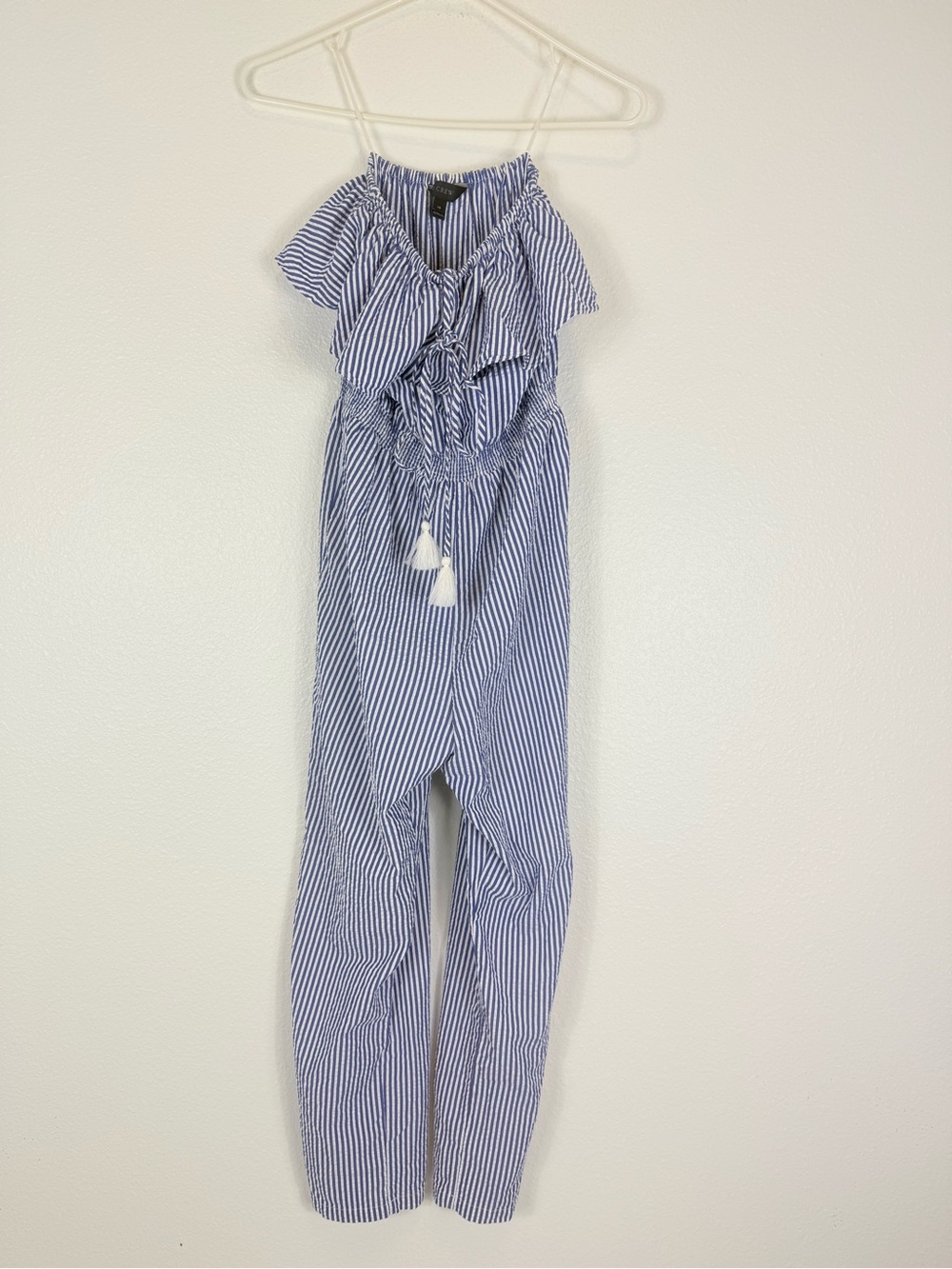 J.Crew Blue White Seersucker Jumpsuit Off The Shoulder Size XS